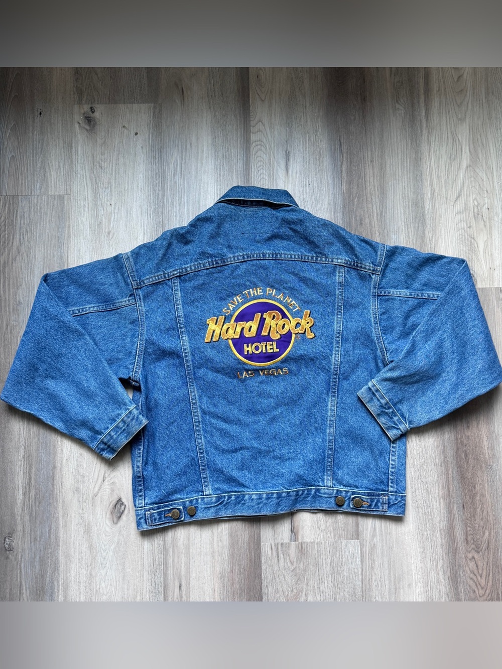 Hard Rock Cafe Blue Denim Jacket with Yellow Embroidered Logo